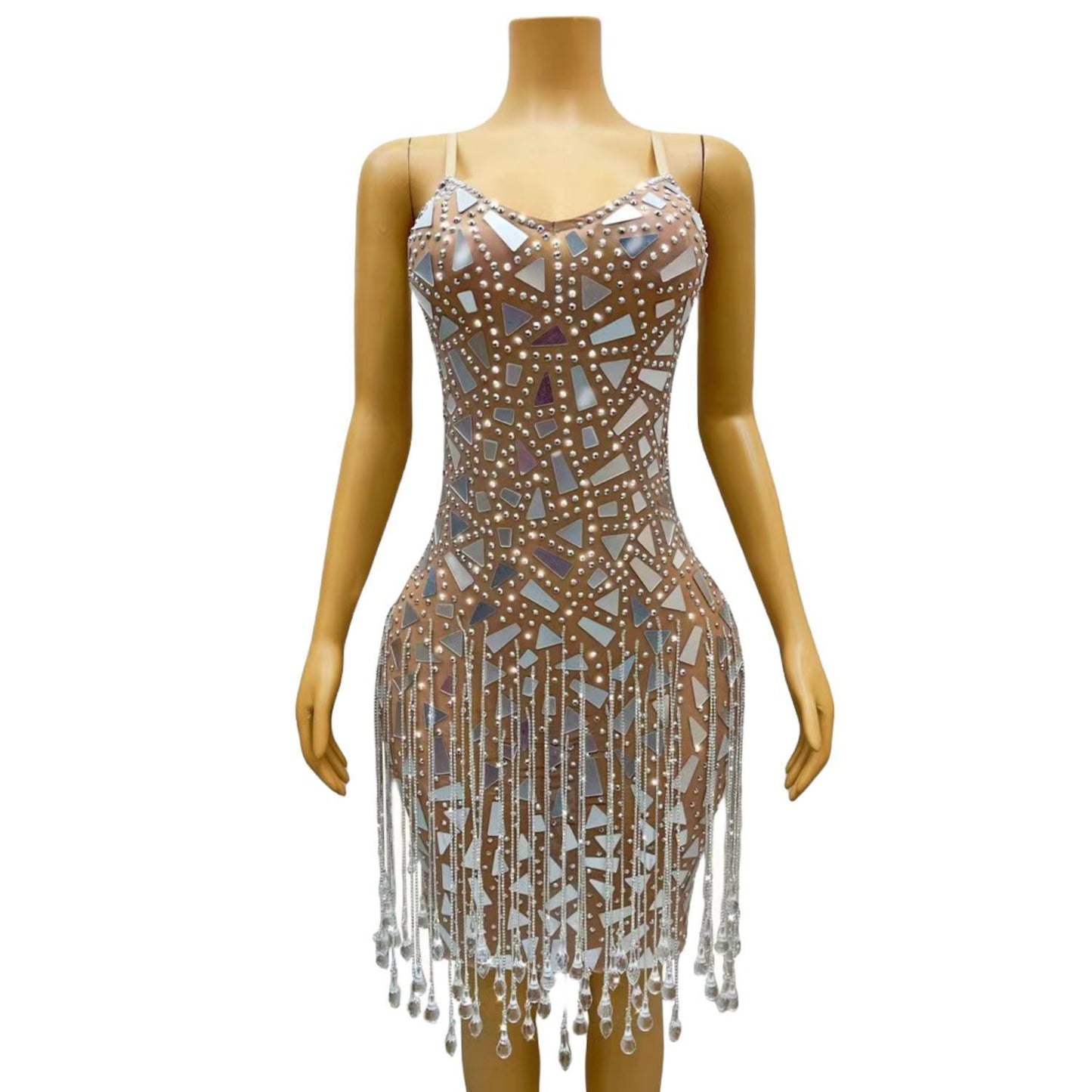 CELESINYI Shuimu Crystal Silver Fringe Mini Dress