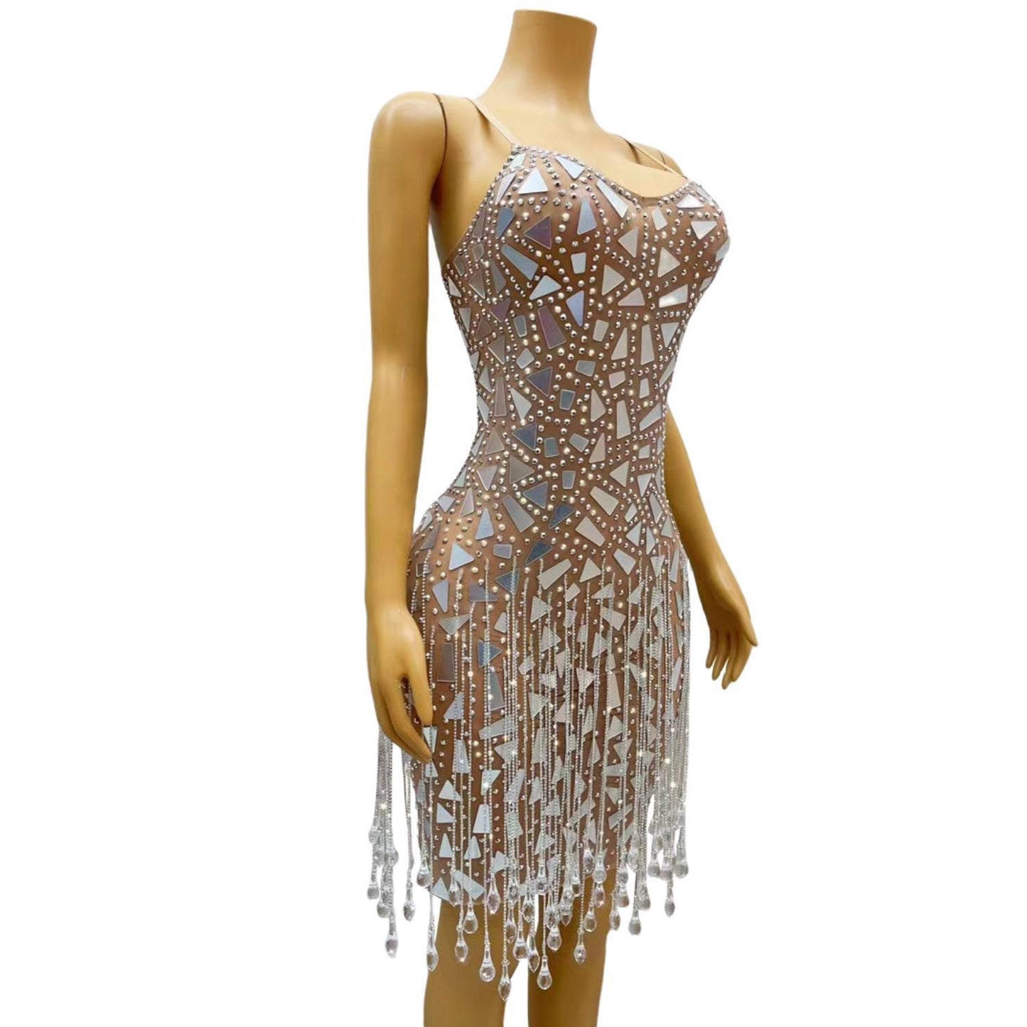 CELESINYI Shuimu Crystal Silver Fringe Mini Dress