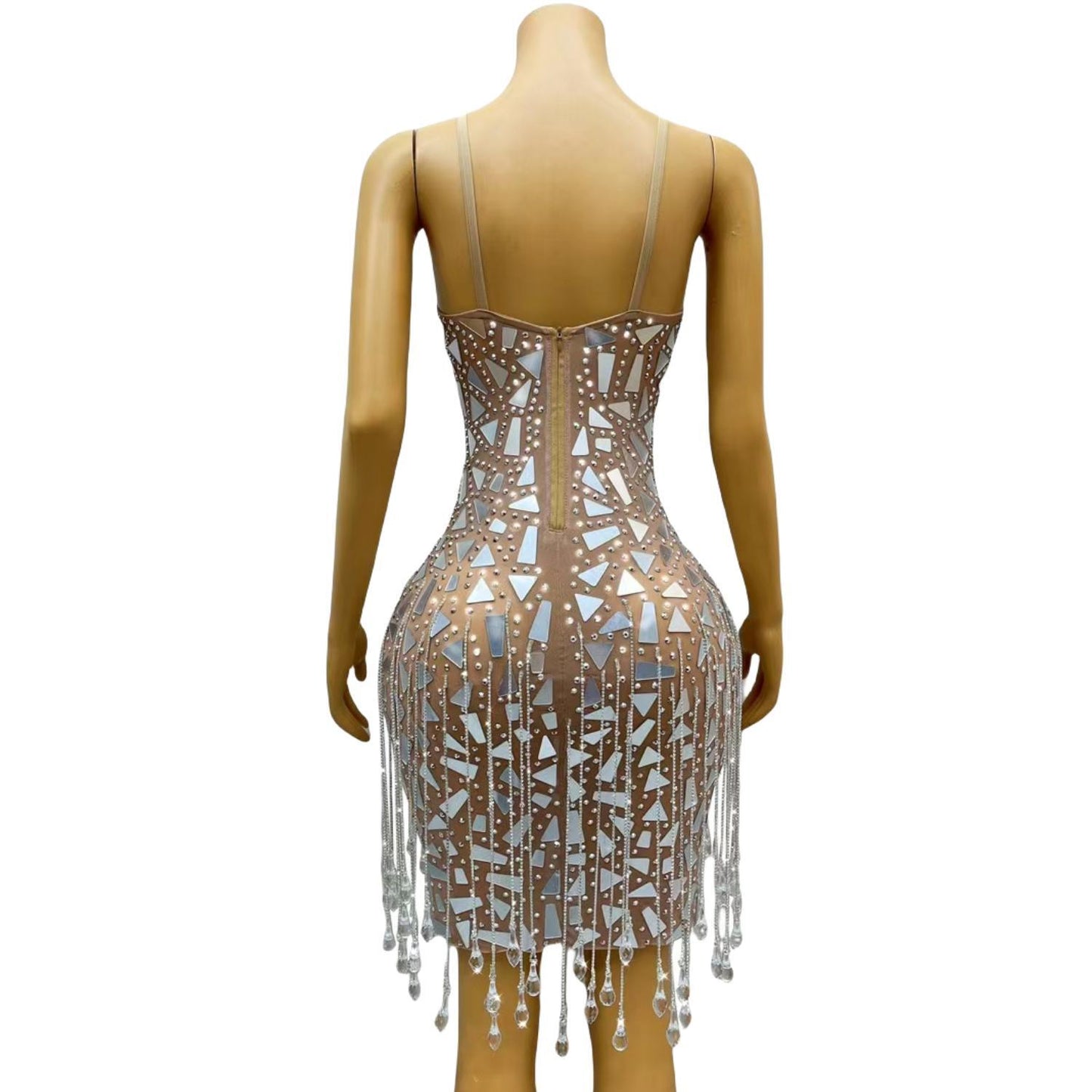 CELESINYI Shuimu Crystal Silver Fringe Mini Dress