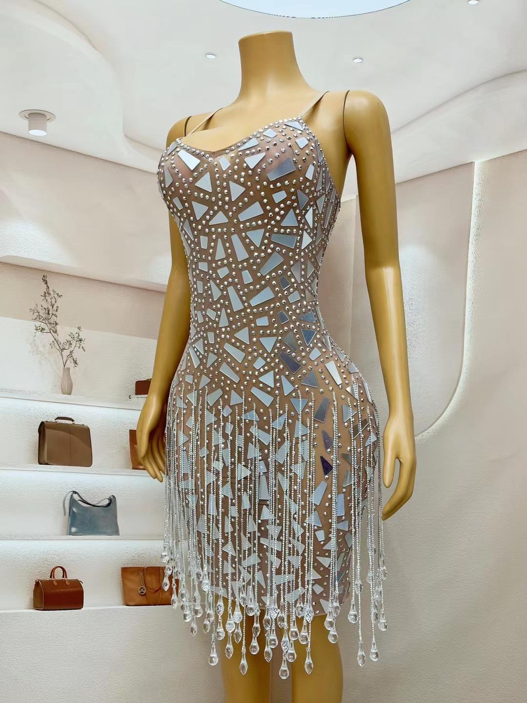 CELESINYI Shuimu Crystal Silver Fringe Mini Dress