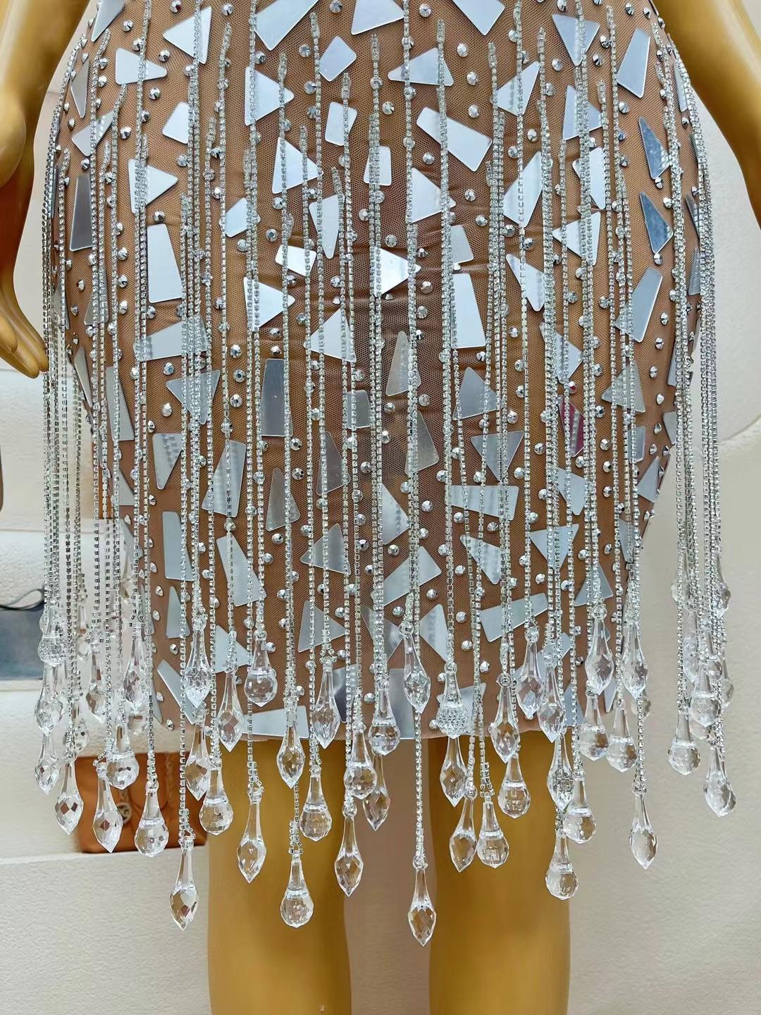 CELESINYI Shuimu Crystal Silver Fringe Mini Dress