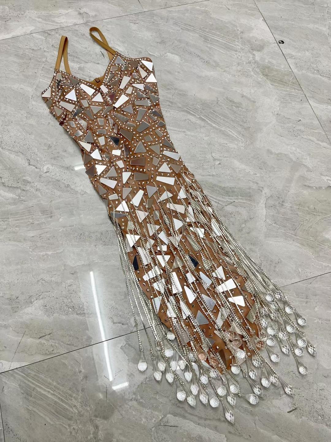 CELESINYI Shuimu Crystal Silver Fringe Mini Dress