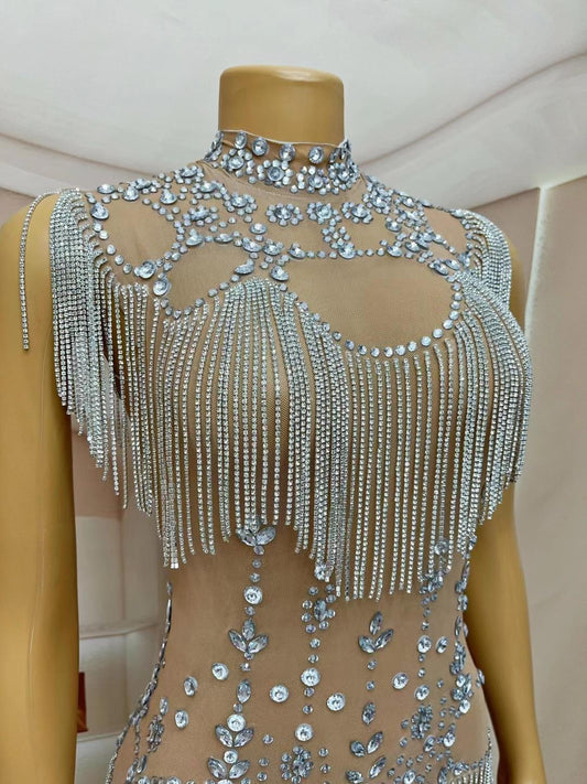 CELESINYI Zhiya Crystal Fringe Mini Dress