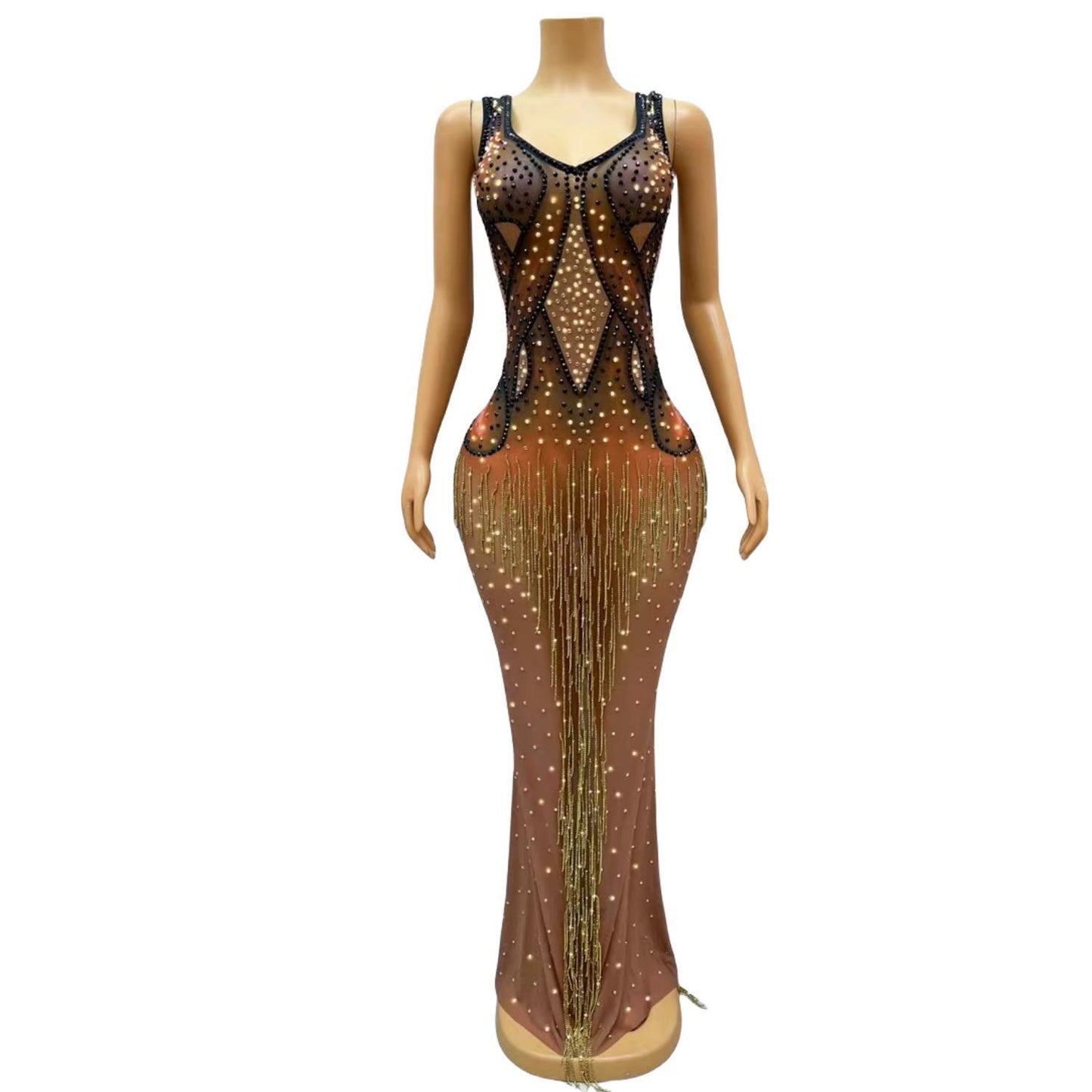 CELESINYI Niujiaojian Crystal Deep V Gown