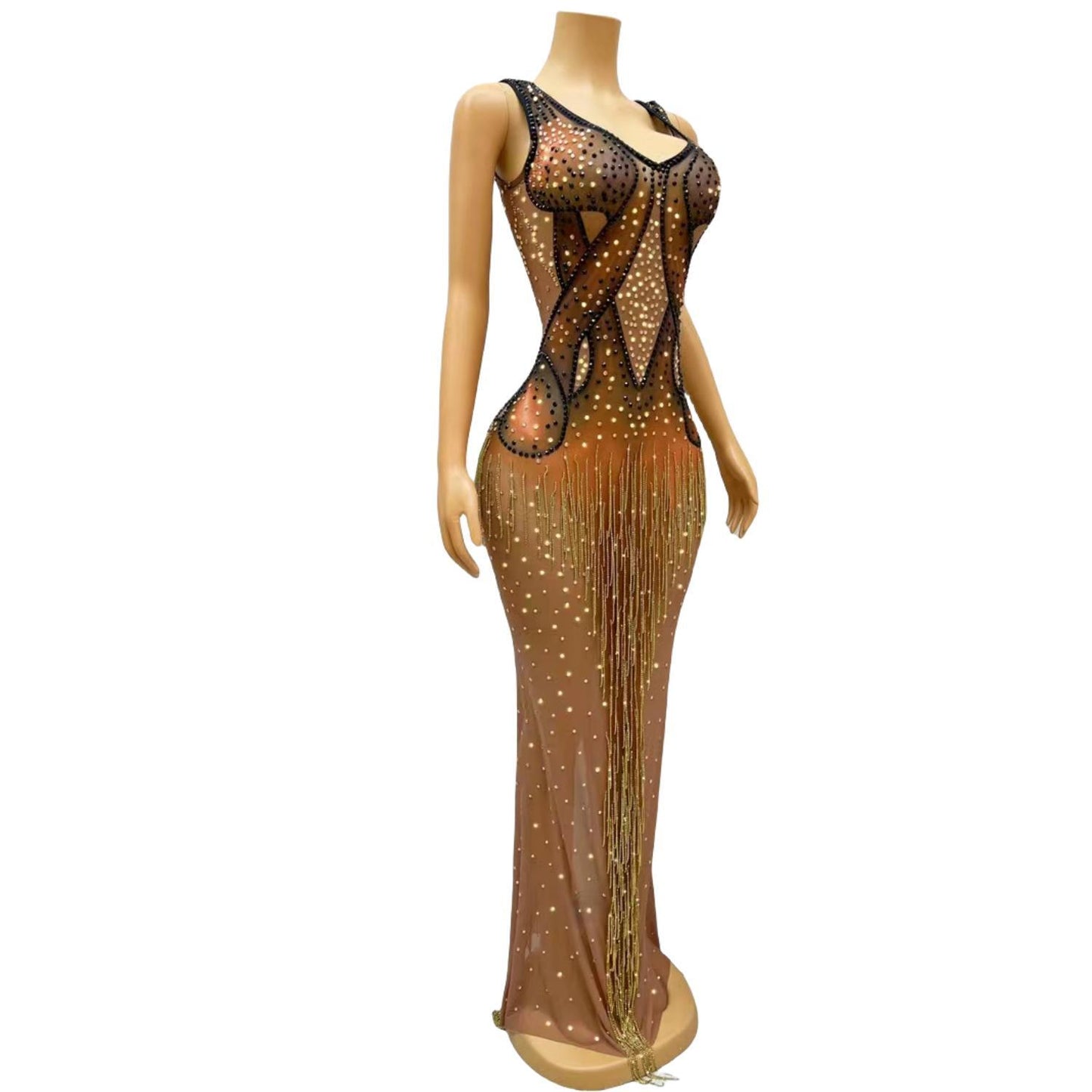 CELESINYI Niujiaojian Crystal Deep V Gown
