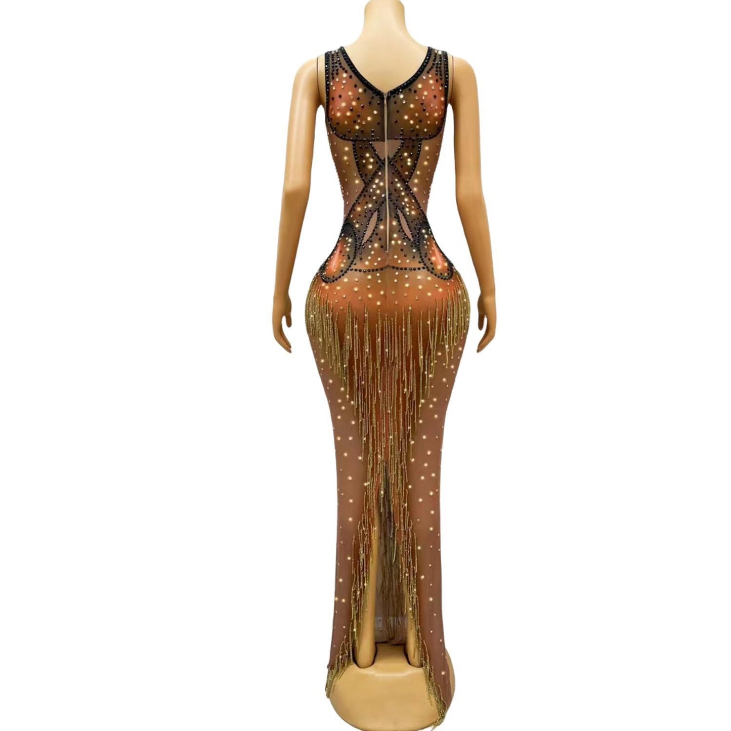 CELESINYI Niujiaojian Crystal Deep V Gown