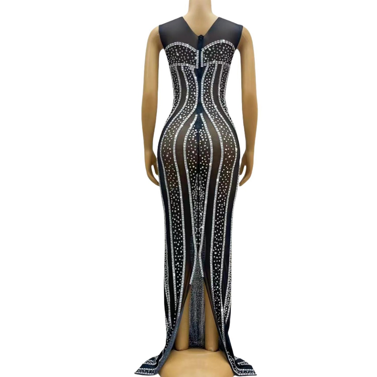 CELESINYI Baisexi Crystal Pinstripe Gown