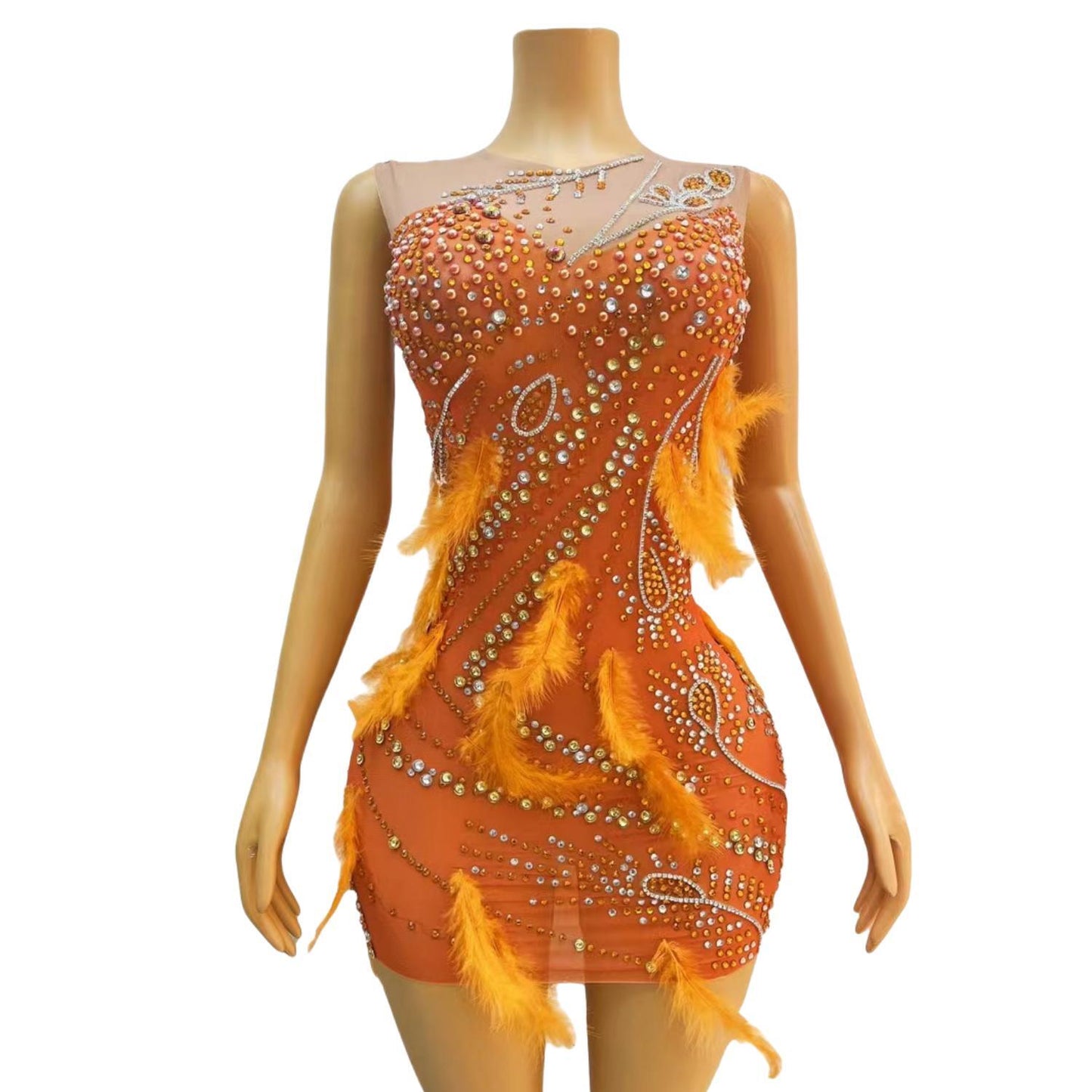 CELESINYI Xiangcheng Crystal Orange Mini Dress