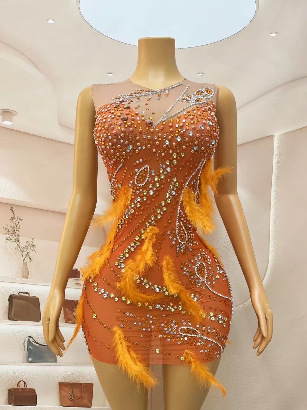 CELESINYI Xiangcheng Crystal Orange Mini Dress