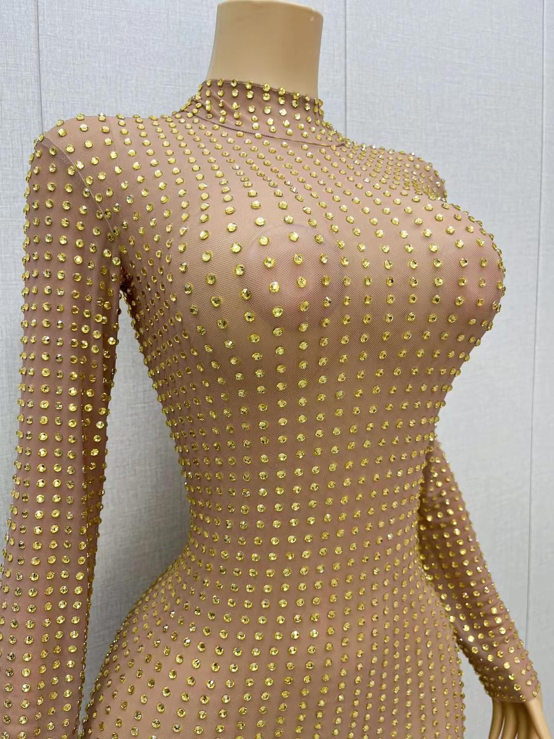 CELESINYI Zuanban Crystal Gold Second Skin Jumpsuit
