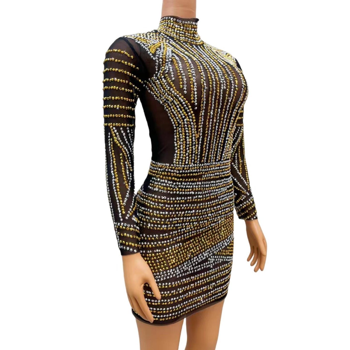 CELESINYI Jinyinjihe Crystal Stripe Mini Dress