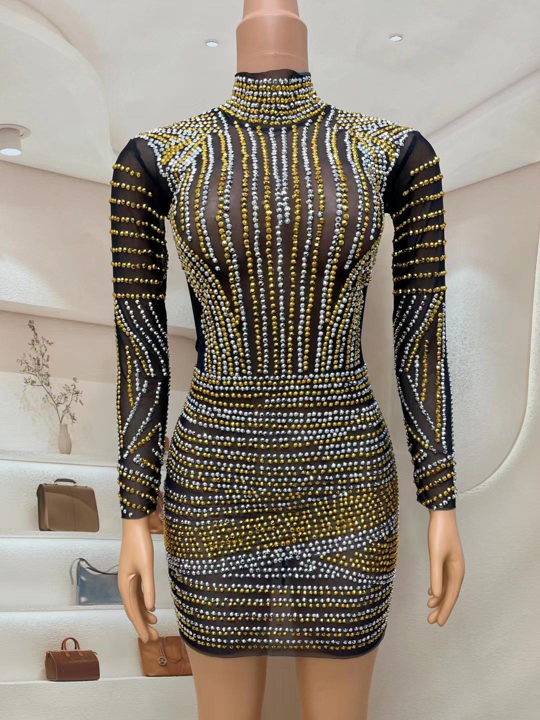 CELESINYI Jinyinjihe Crystal Stripe Mini Dress
