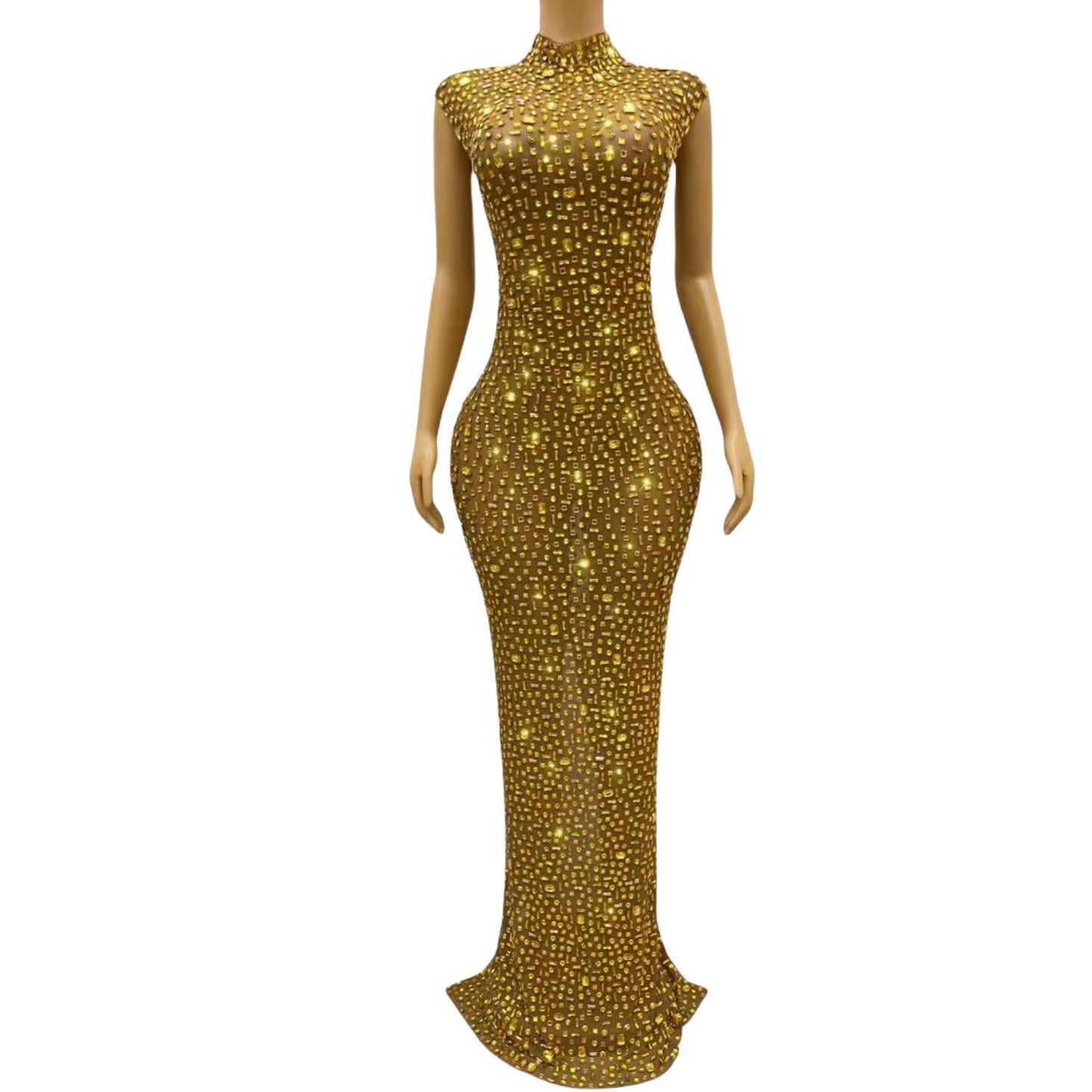 CELESINYI Jinbei Crystal Gold Mermaid Gown