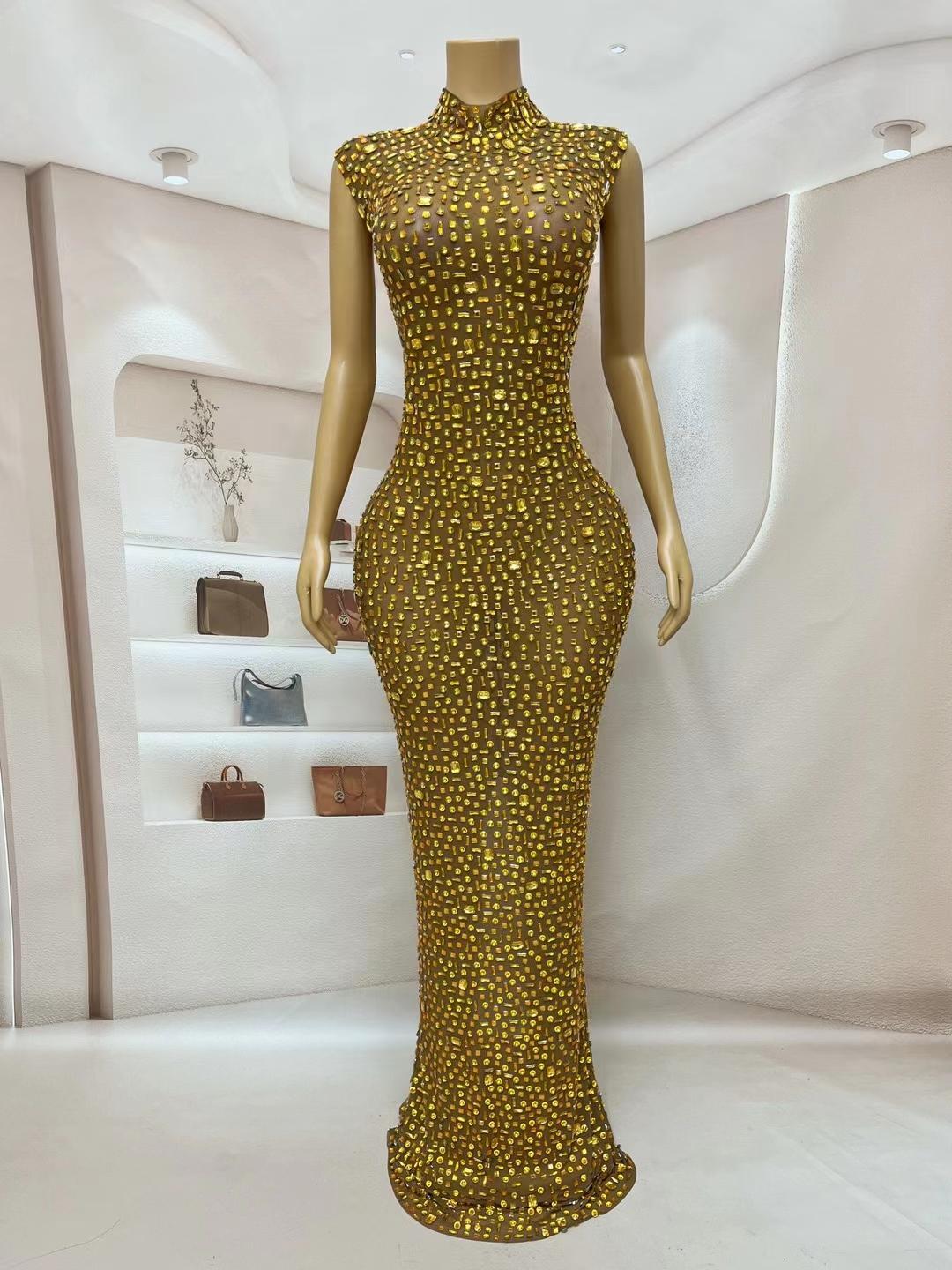CELESINYI Jinbei Crystal Gold Mermaid Gown