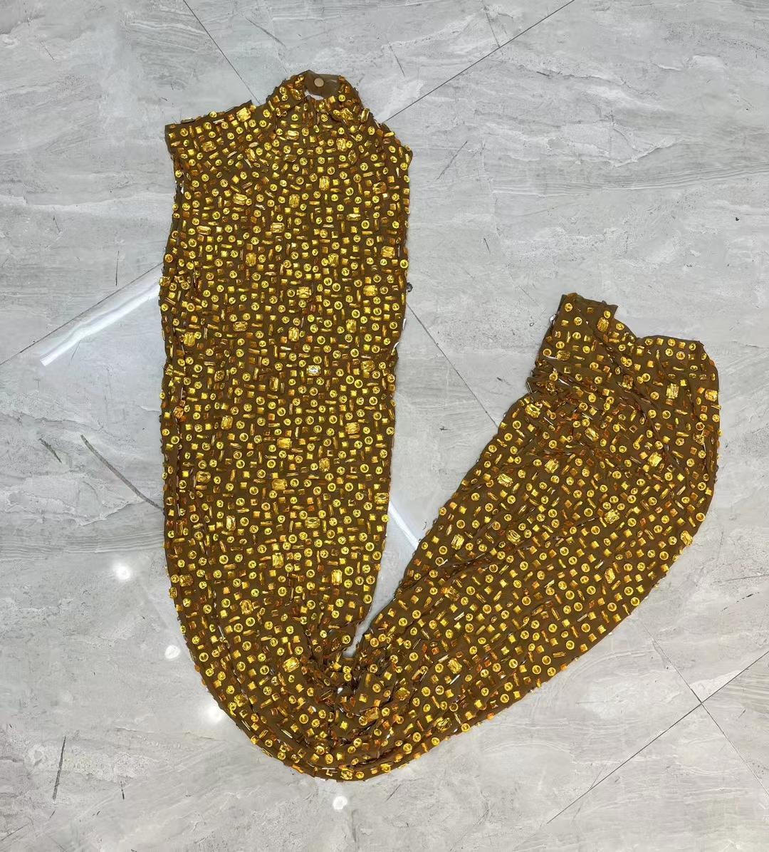 CELESINYI Jinbei Crystal Gold Mermaid Gown