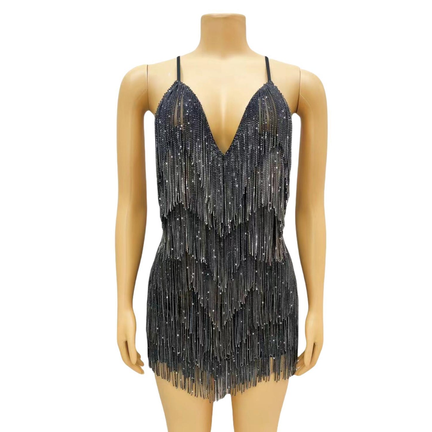 CELESINYI Xiaolian Crystal Black Fringe Mini Dress