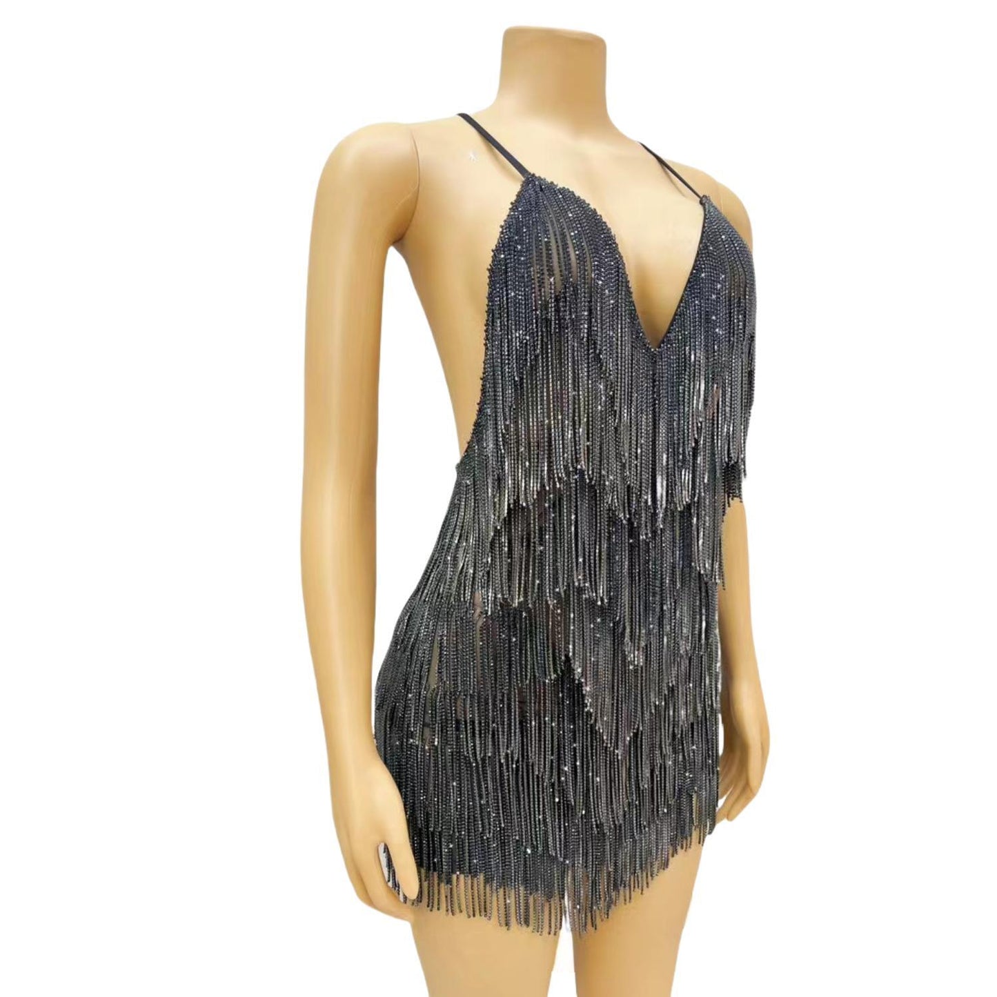 CELESINYI Xiaolian Crystal Black Fringe Mini Dress