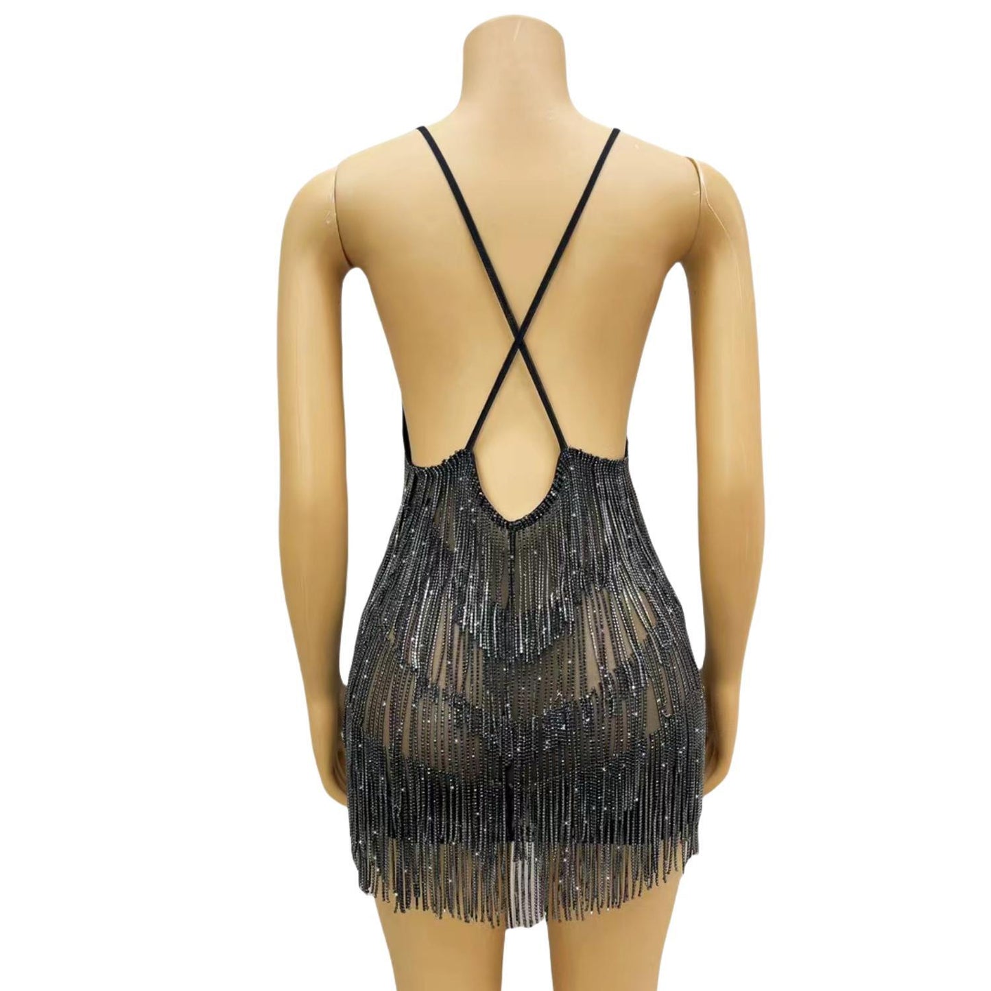 CELESINYI Xiaolian Crystal Black Fringe Mini Dress