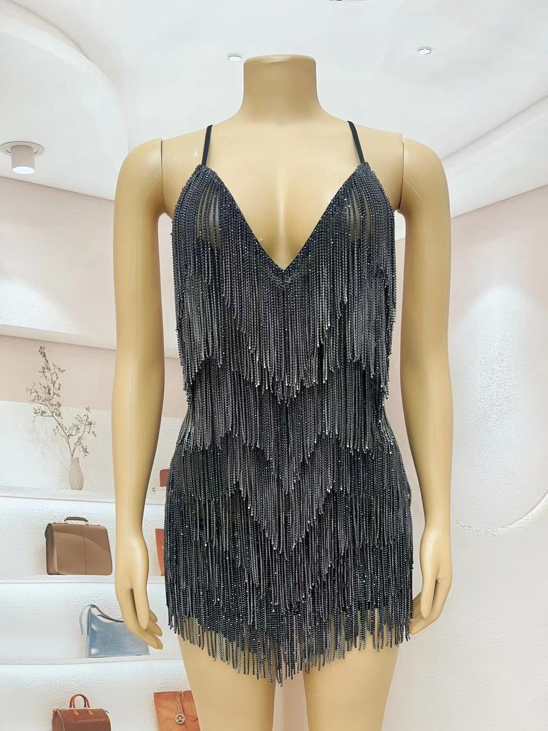 CELESINYI Xiaolian Crystal Black Fringe Mini Dress