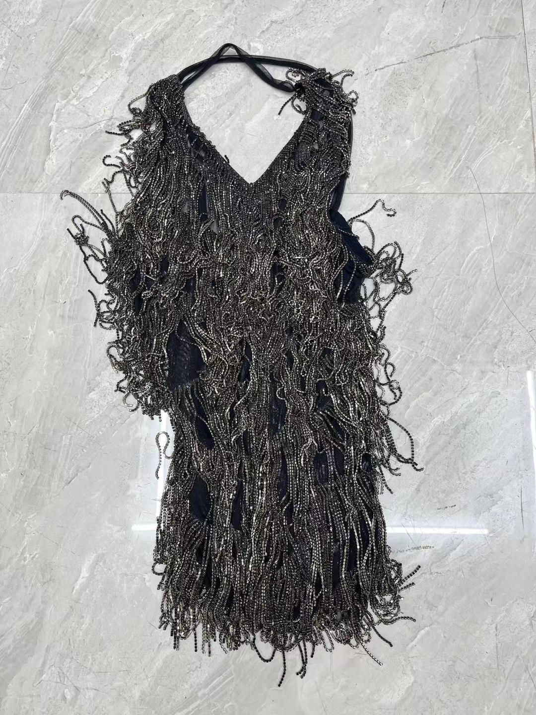 CELESINYI Xiaolian Crystal Black Fringe Mini Dress