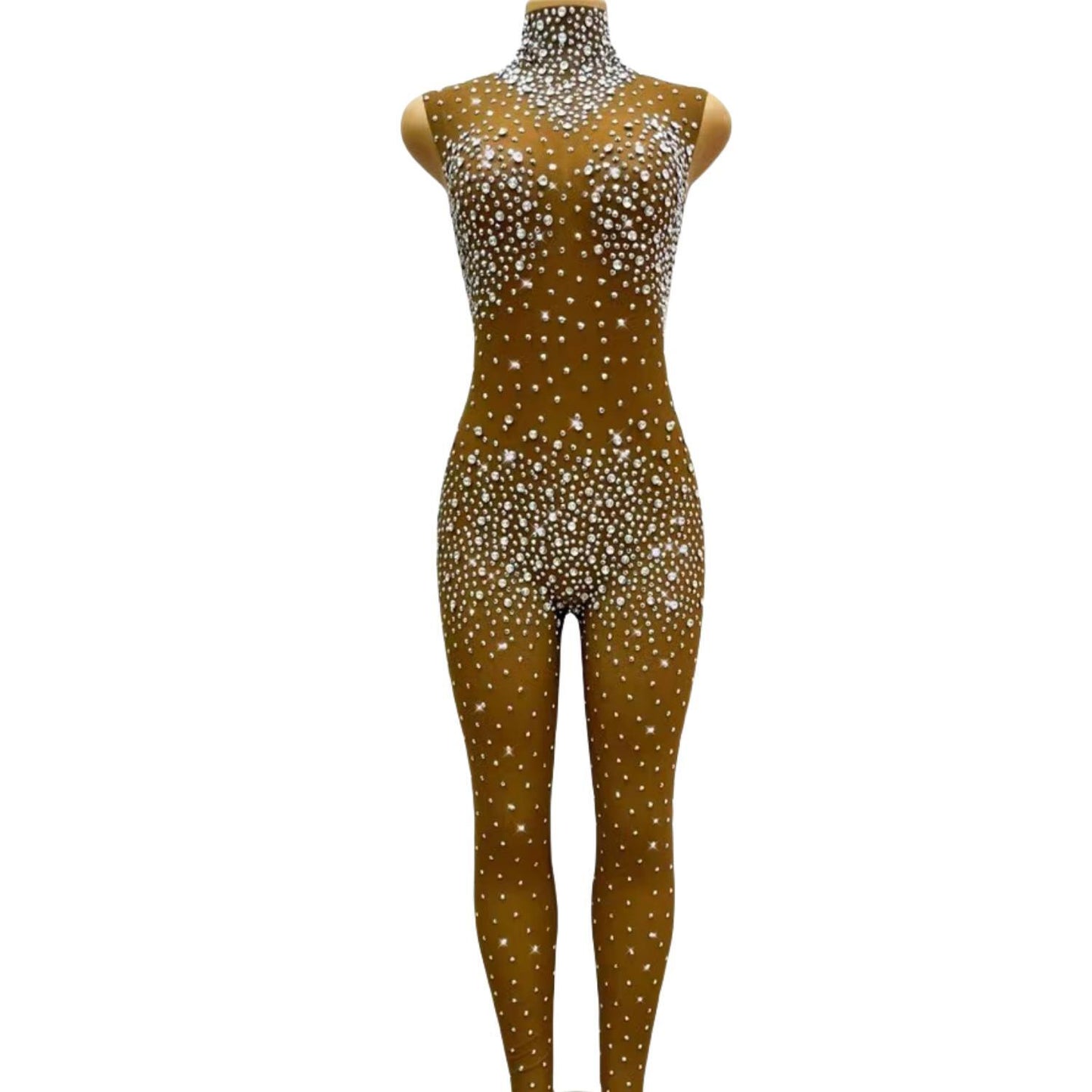 CELESINYI Simi Crystal Nude Jumpsuit