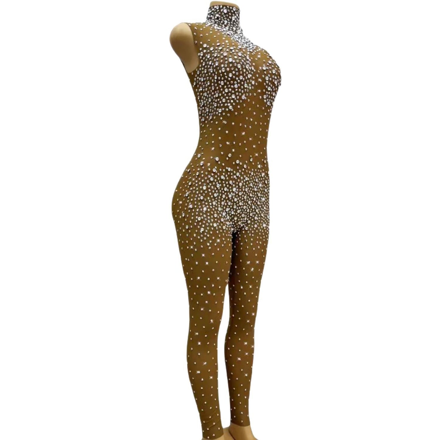 CELESINYI Simi Crystal Nude Jumpsuit