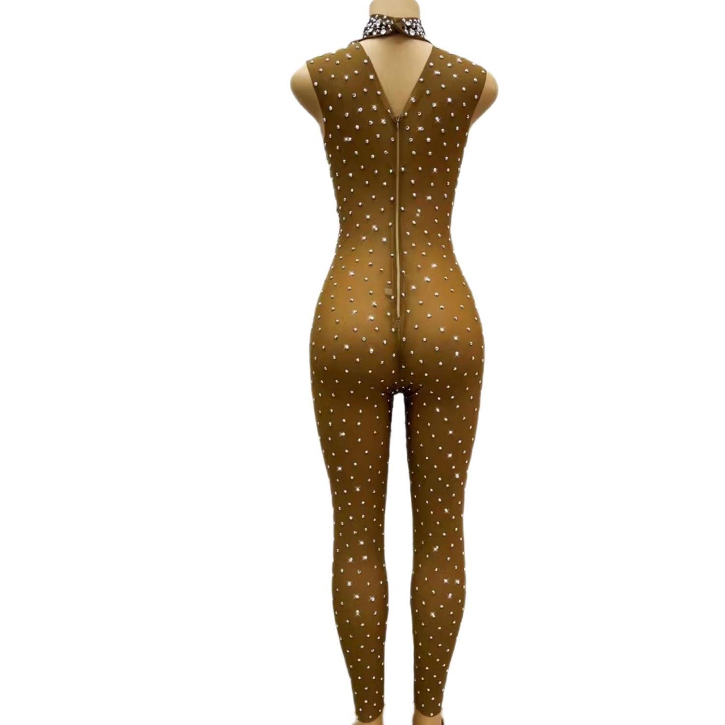 CELESINYI Simi Crystal Nude Jumpsuit