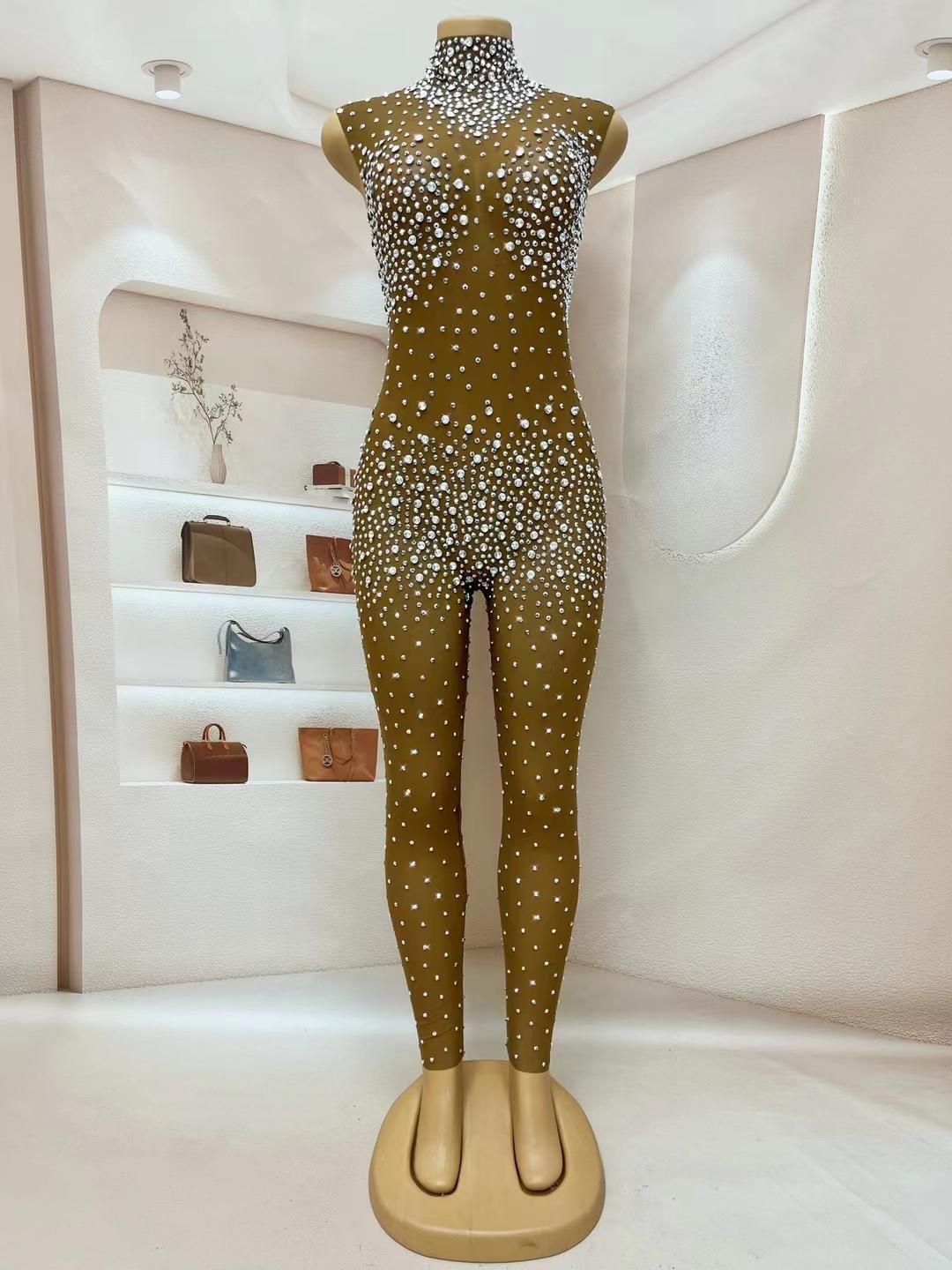CELESINYI Simi Crystal Nude Jumpsuit