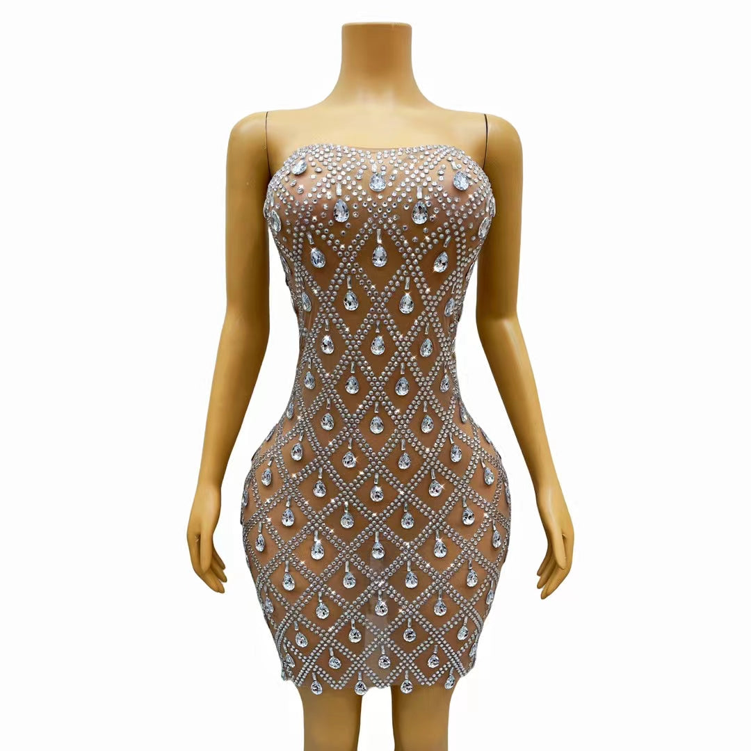 CELESINYI Chuilian Crystal Fringe Curtain Mini Dress