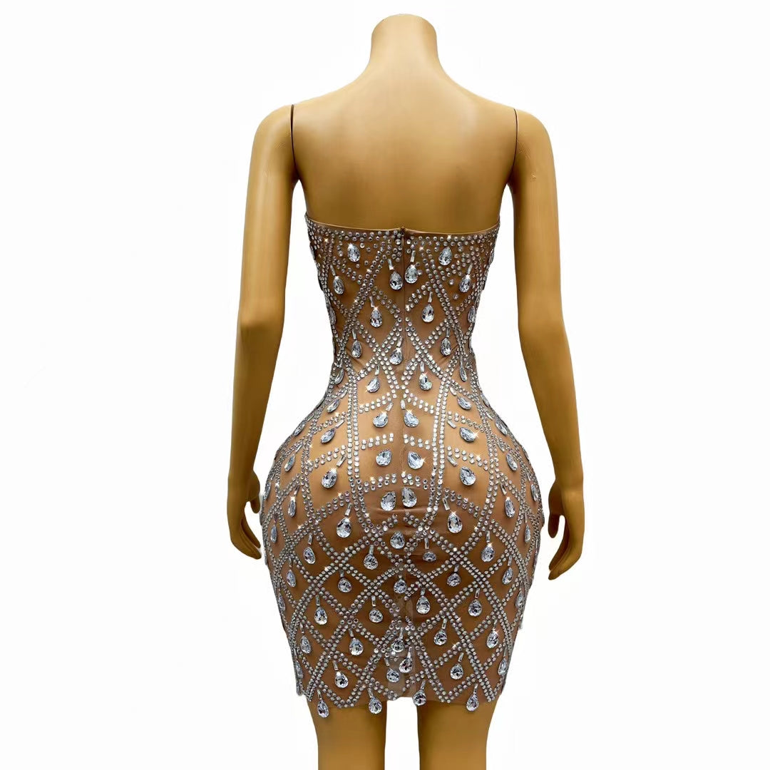 CELESINYI Chuilian Crystal Fringe Curtain Mini Dress