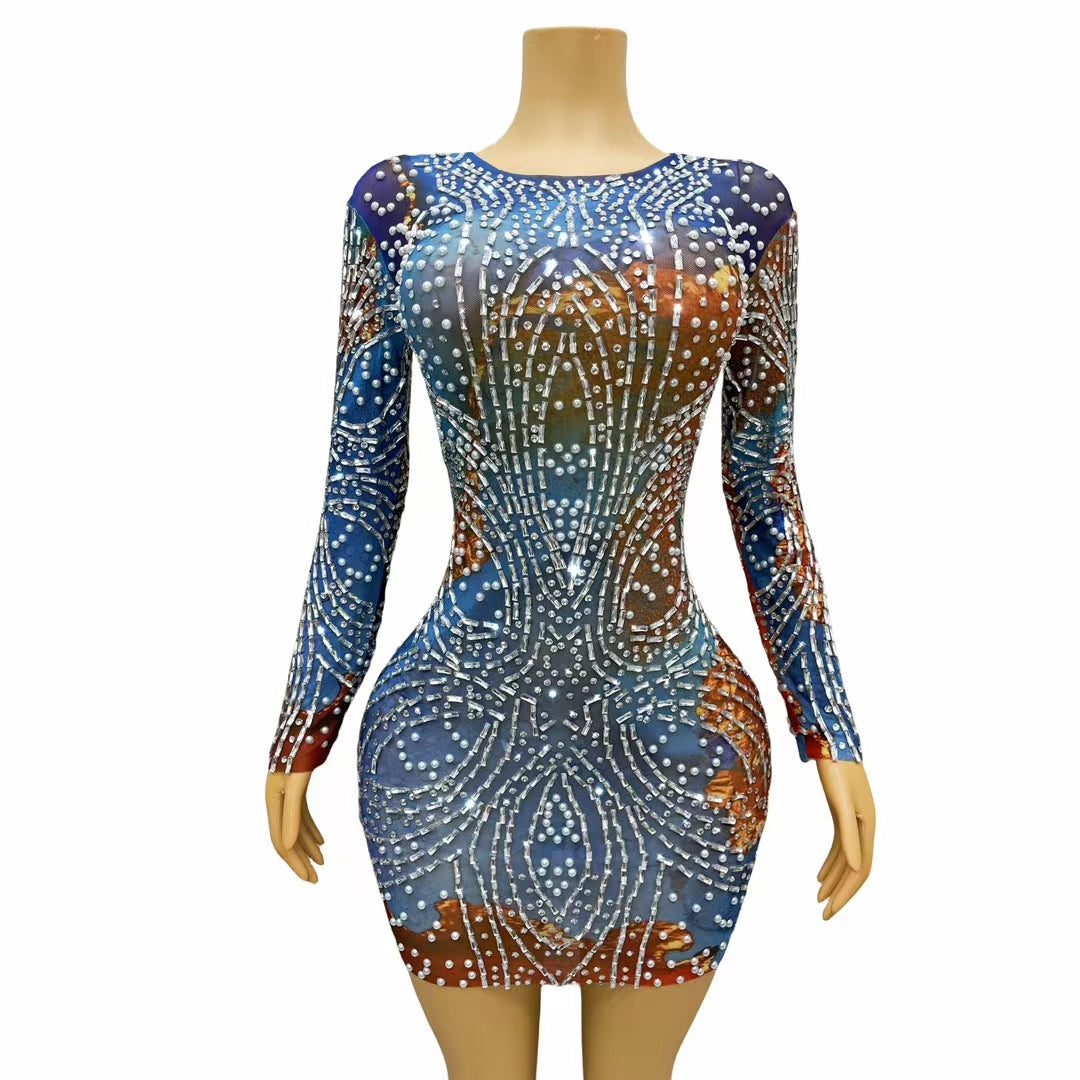 CELESINYI Zhanfang Crystal Blue Mini Dress