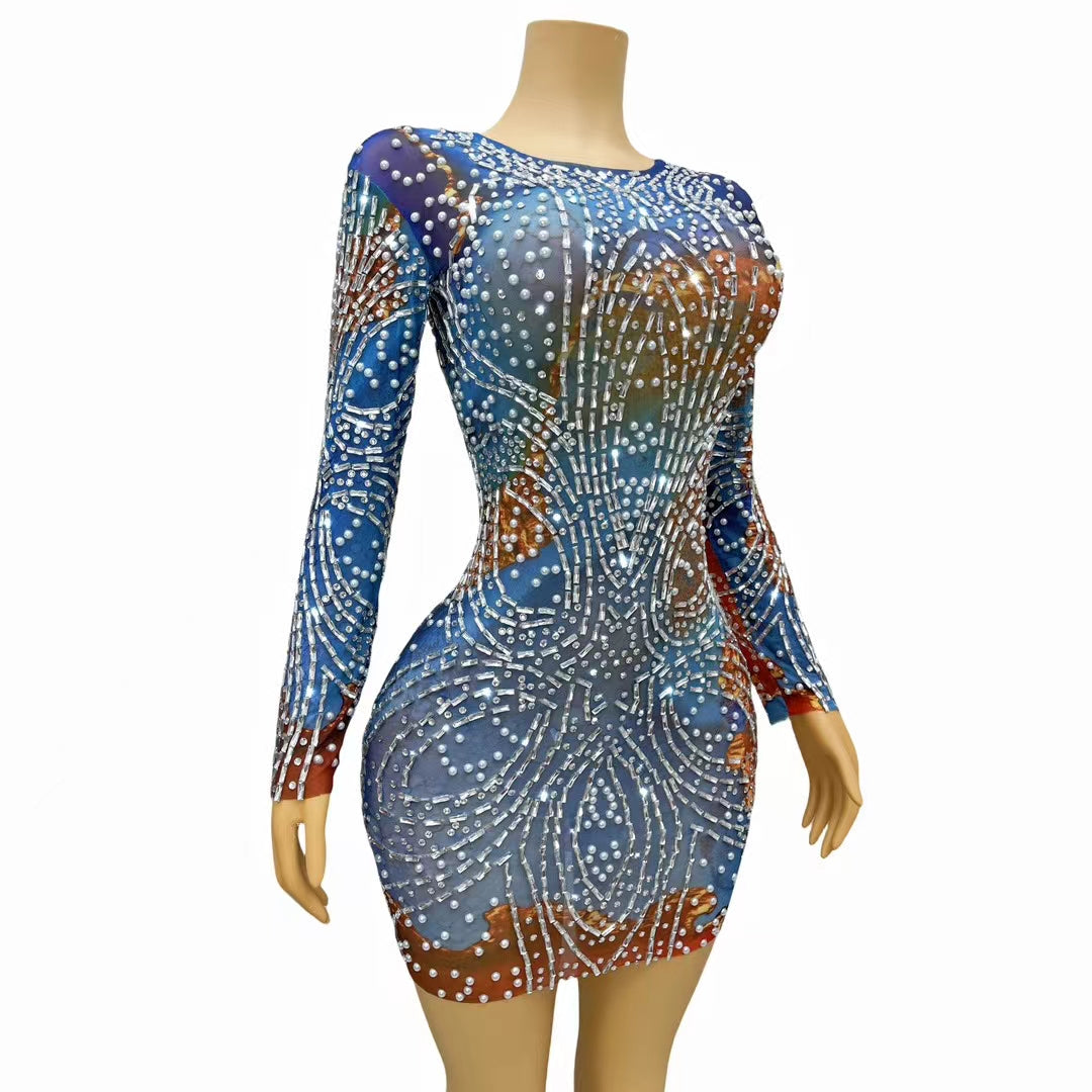 CELESINYI Zhanfang Crystal Blue Mini Dress
