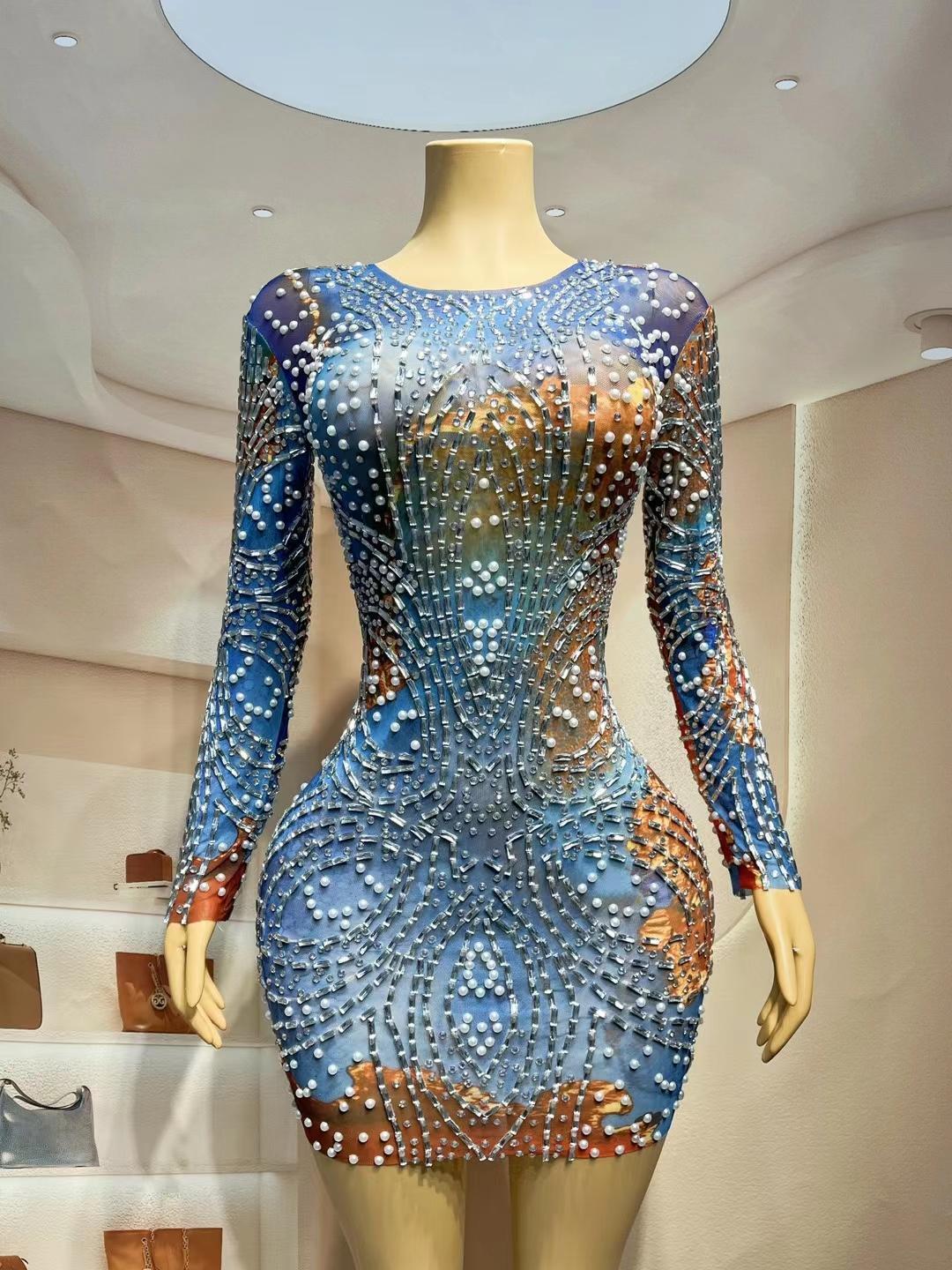 CELESINYI Zhanfang Crystal Blue Mini Dress