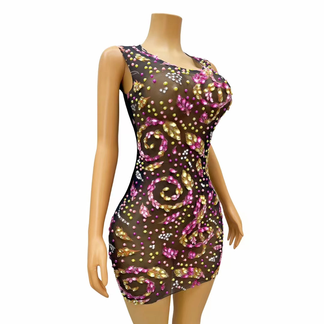 CELESINYI Heiyu Crystal Black Mini Dress