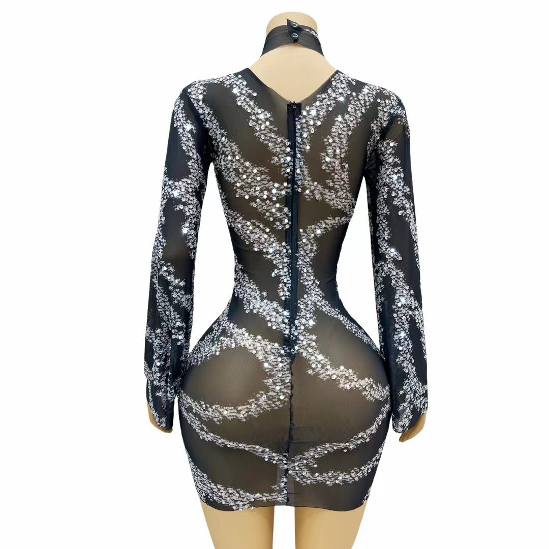 CELESINYI Huacai Crystal Coral Mini Dress