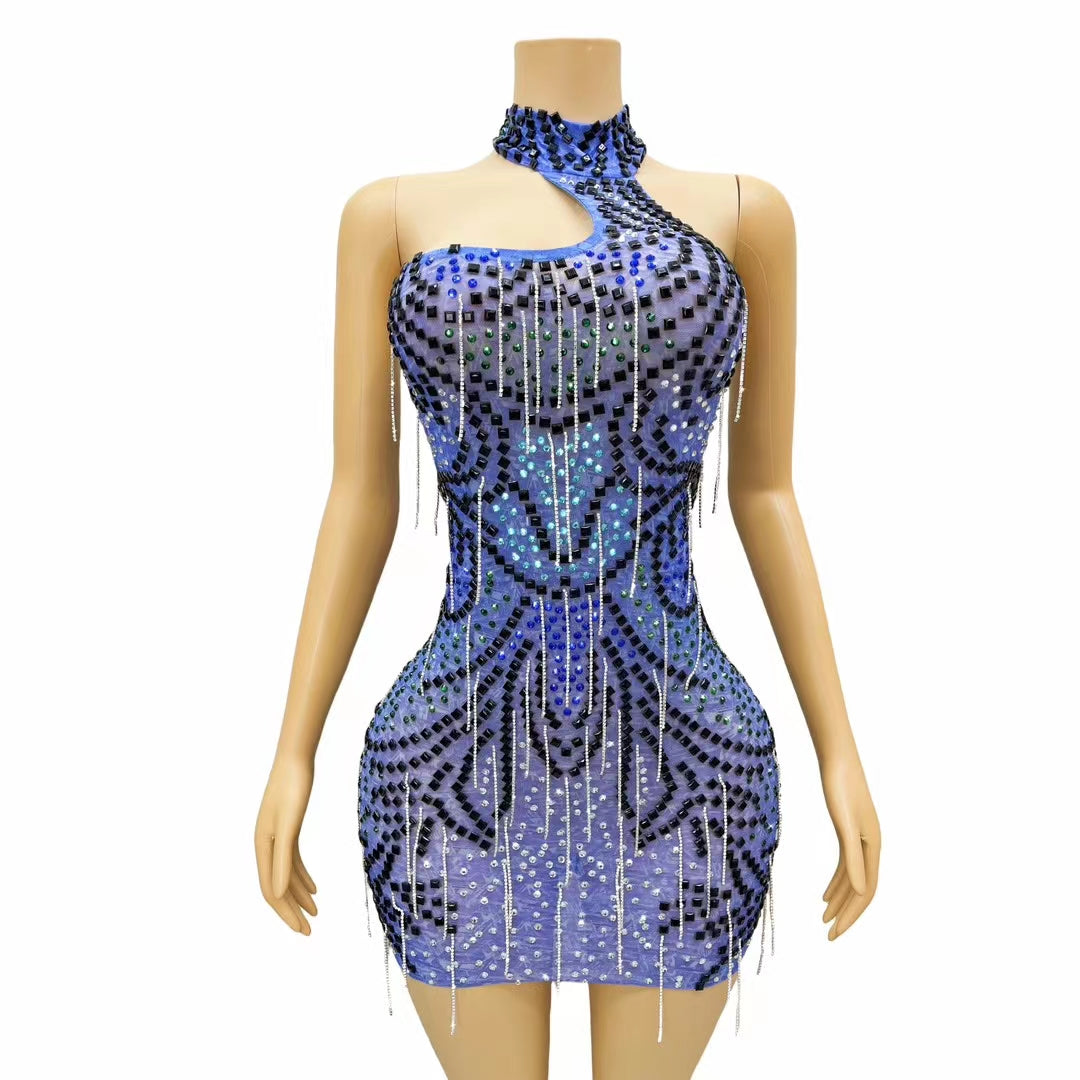 CELESINYI Heiya Crystal Blue One Shoulder Mini Dress