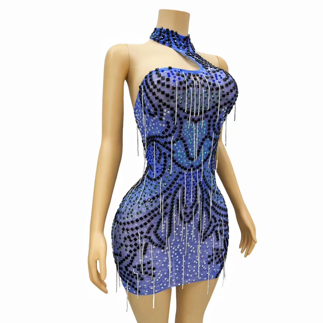 CELESINYI Heiya Crystal Blue One Shoulder Mini Dress