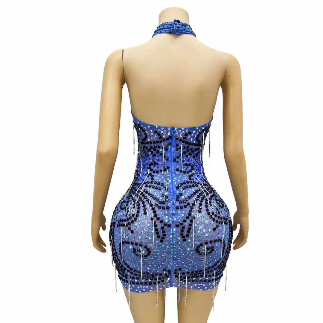 CELESINYI Heiya Crystal Blue One Shoulder Mini Dress