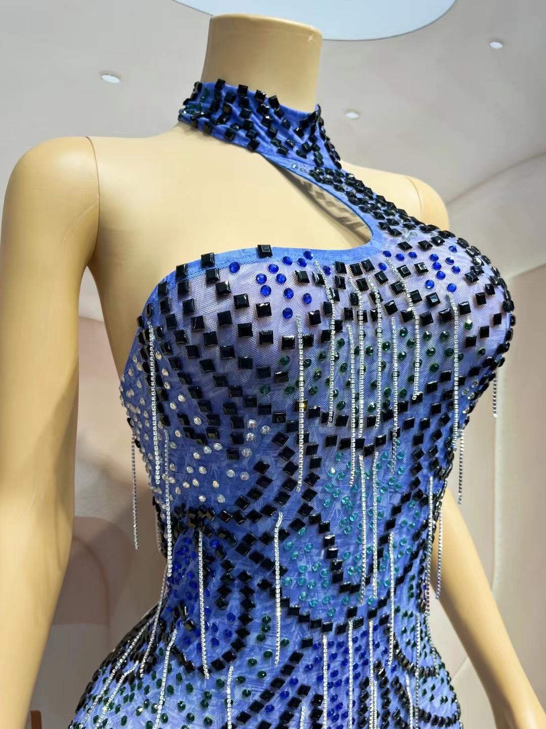 CELESINYI Heiya Crystal Blue One Shoulder Mini Dress