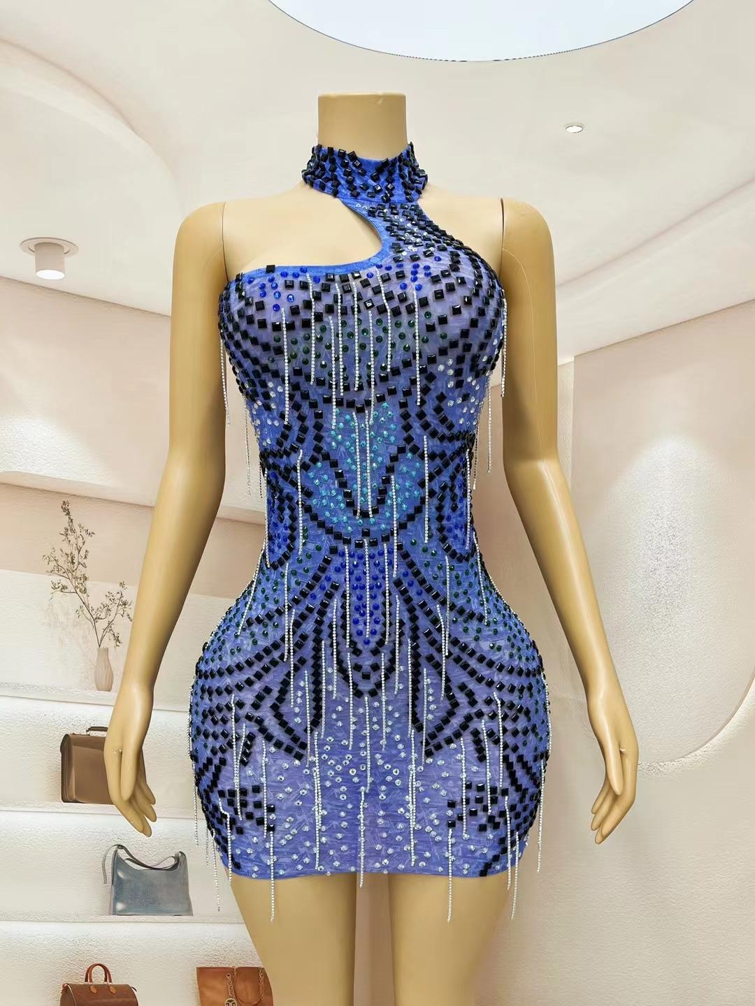 CELESINYI Heiya Crystal Blue One Shoulder Mini Dress