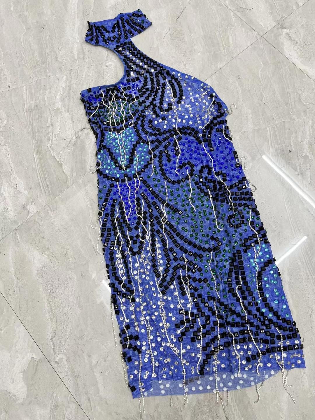 CELESINYI Heiya Crystal Blue One Shoulder Mini Dress