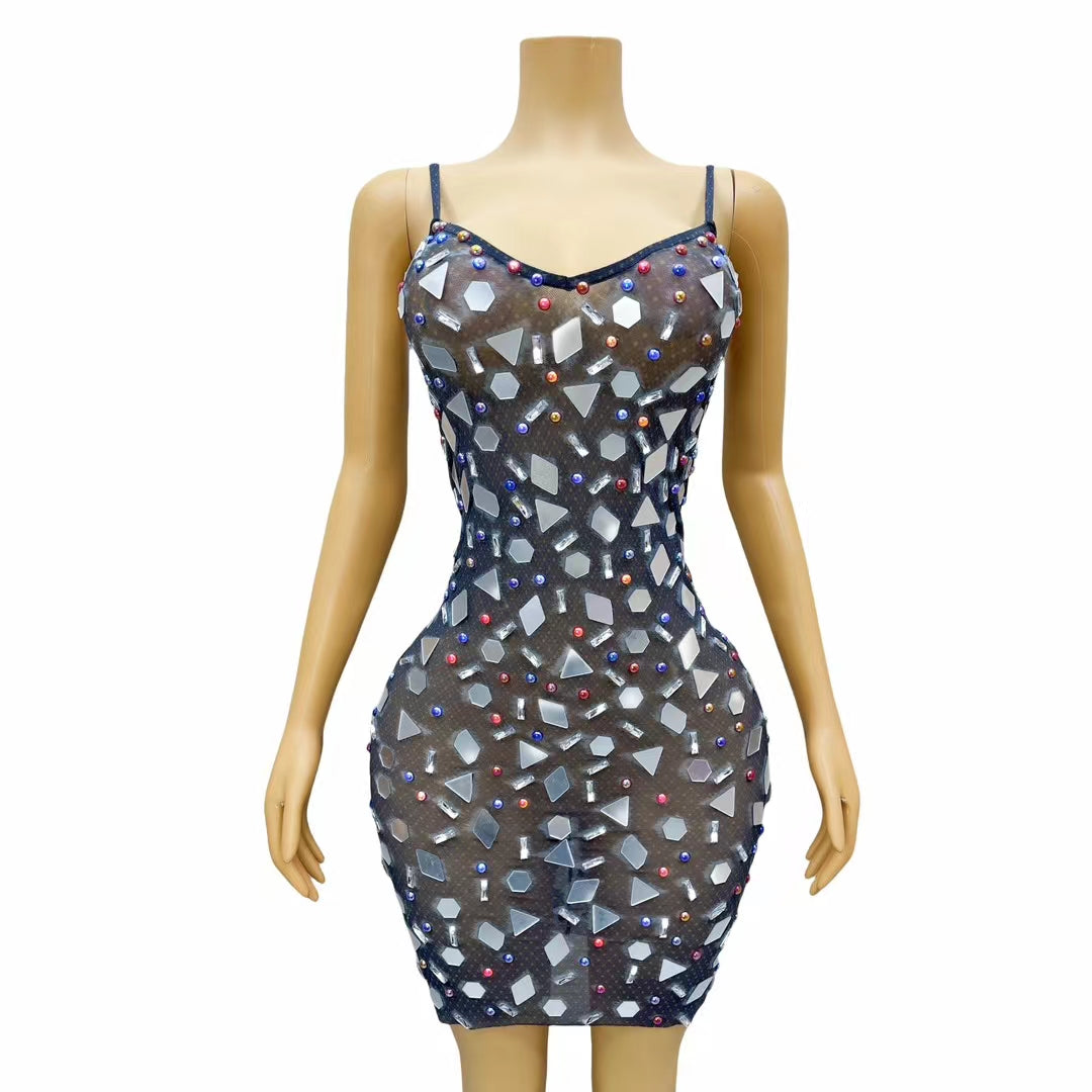 CELESINYI Bolisui Crystal Mirror Slip Dress