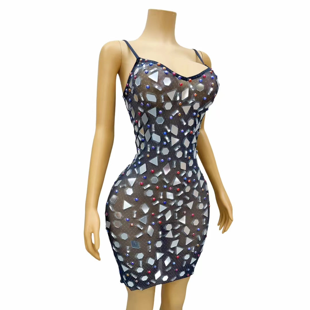 CELESINYI Bolisui Crystal Mirror Slip Dress