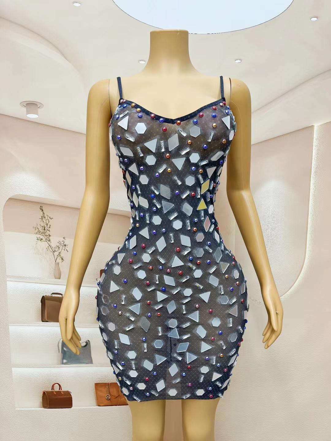 CELESINYI Bolisui Crystal Mirror Slip Dress