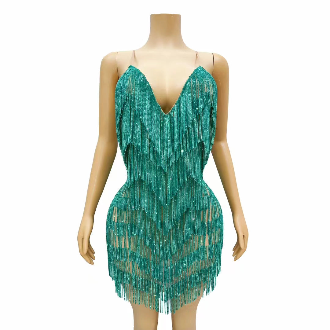 CELESINYI Tiaoyuan Crystal Teal Fringe Mini Dress