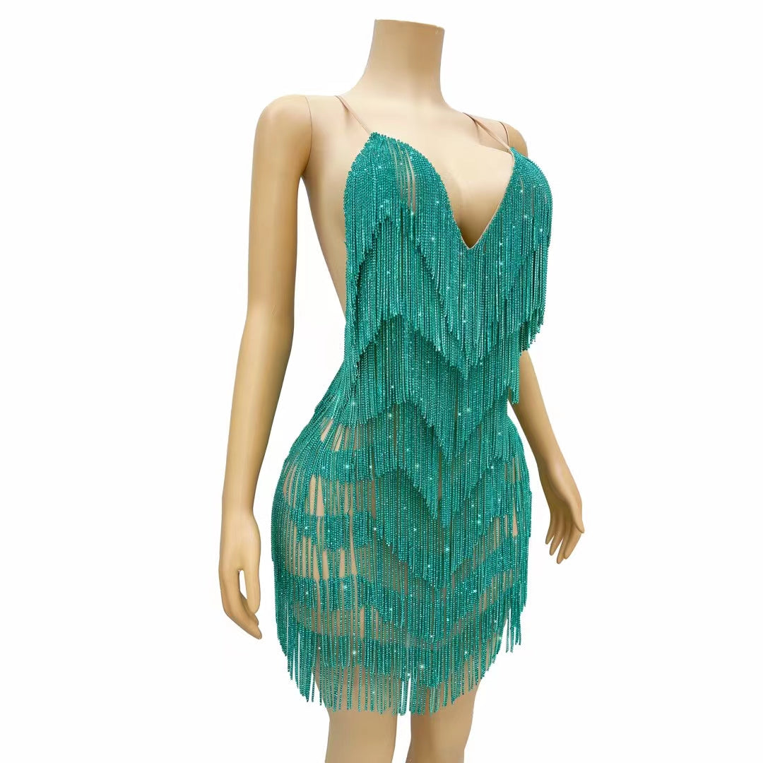 CELESINYI Tiaoyuan Crystal Teal Fringe Mini Dress