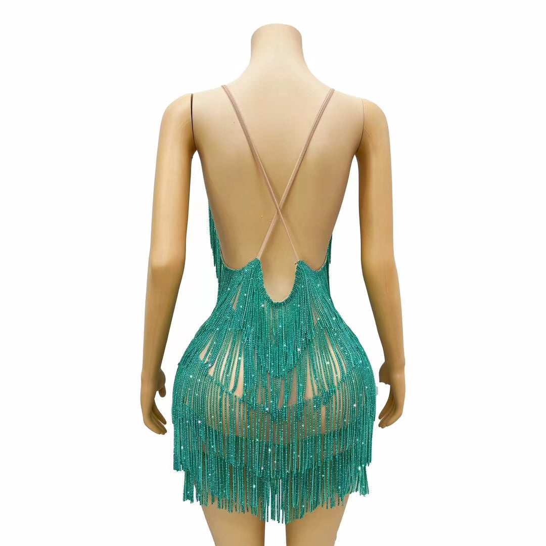 CELESINYI Tiaoyuan Crystal Teal Fringe Mini Dress