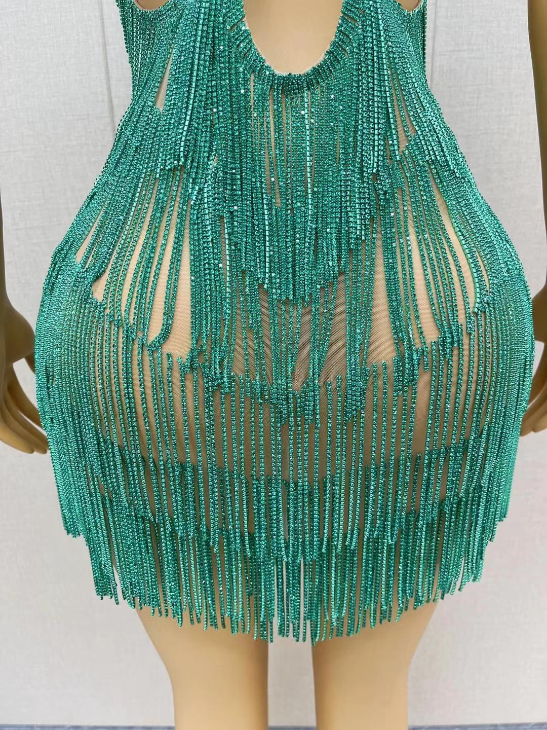 CELESINYI Tiaoyuan Crystal Teal Fringe Mini Dress