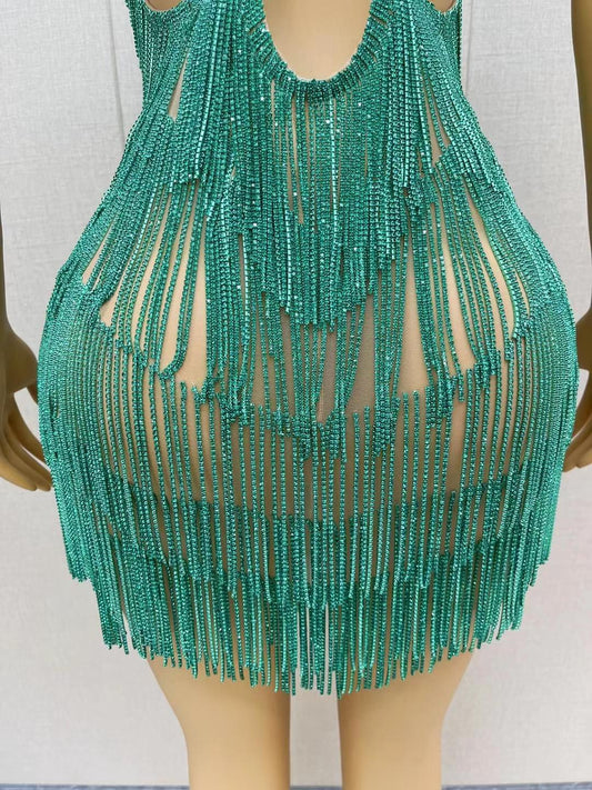 CELESINYI Tiaoyuan Crystal Teal Fringe Mini Dress