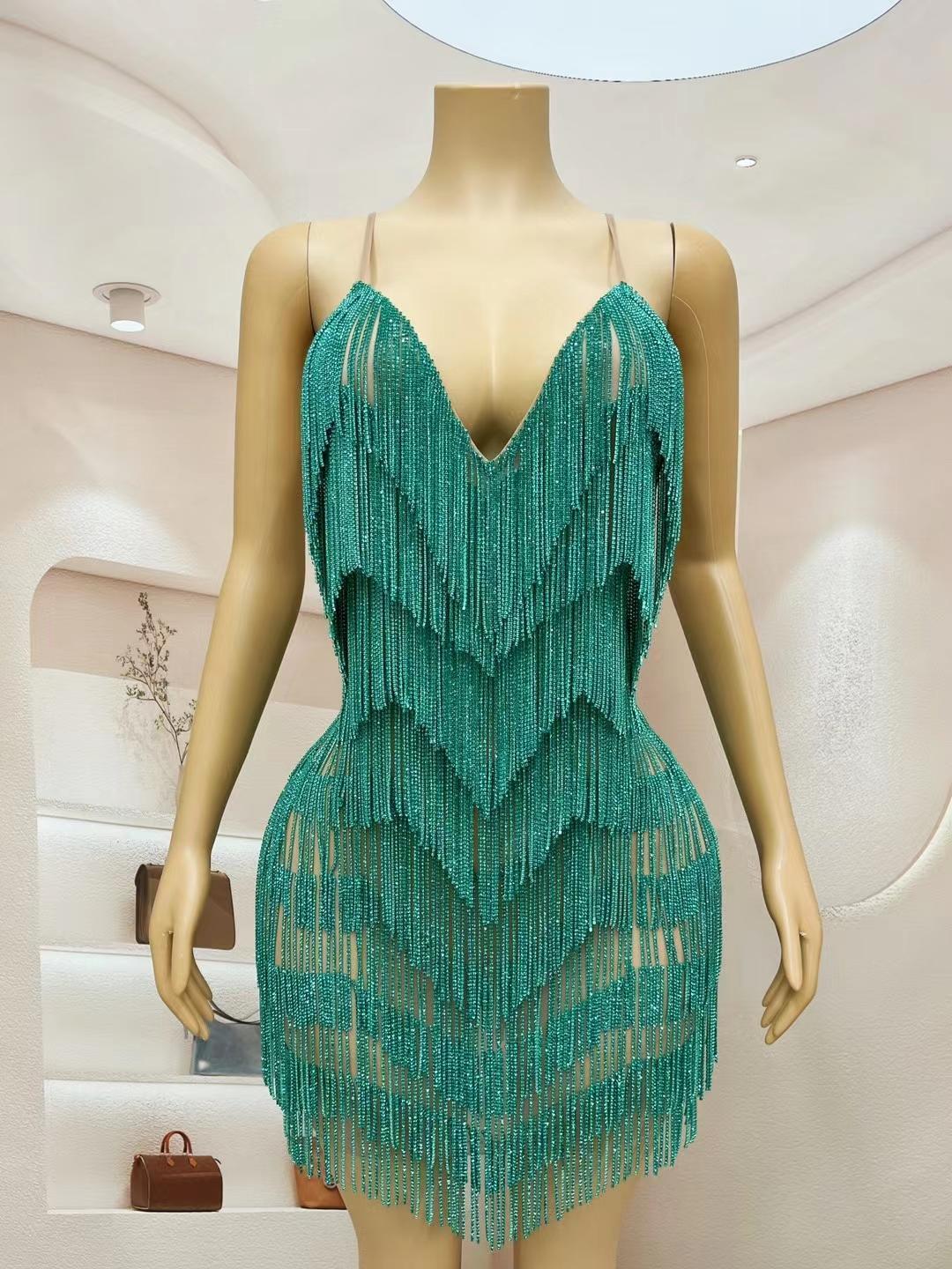 CELESINYI Tiaoyuan Crystal Teal Fringe Mini Dress